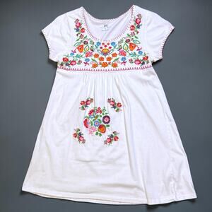 South Main White Babydoll Mini Dress Vibrant Mexican-Style Floral Embroidery S